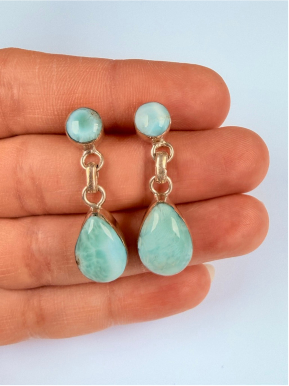 Natural 16.6 CT Larimar Caribbean Blue Sterling Silver 925 Dangle Earrings 1.3" - Picture 2 of 9